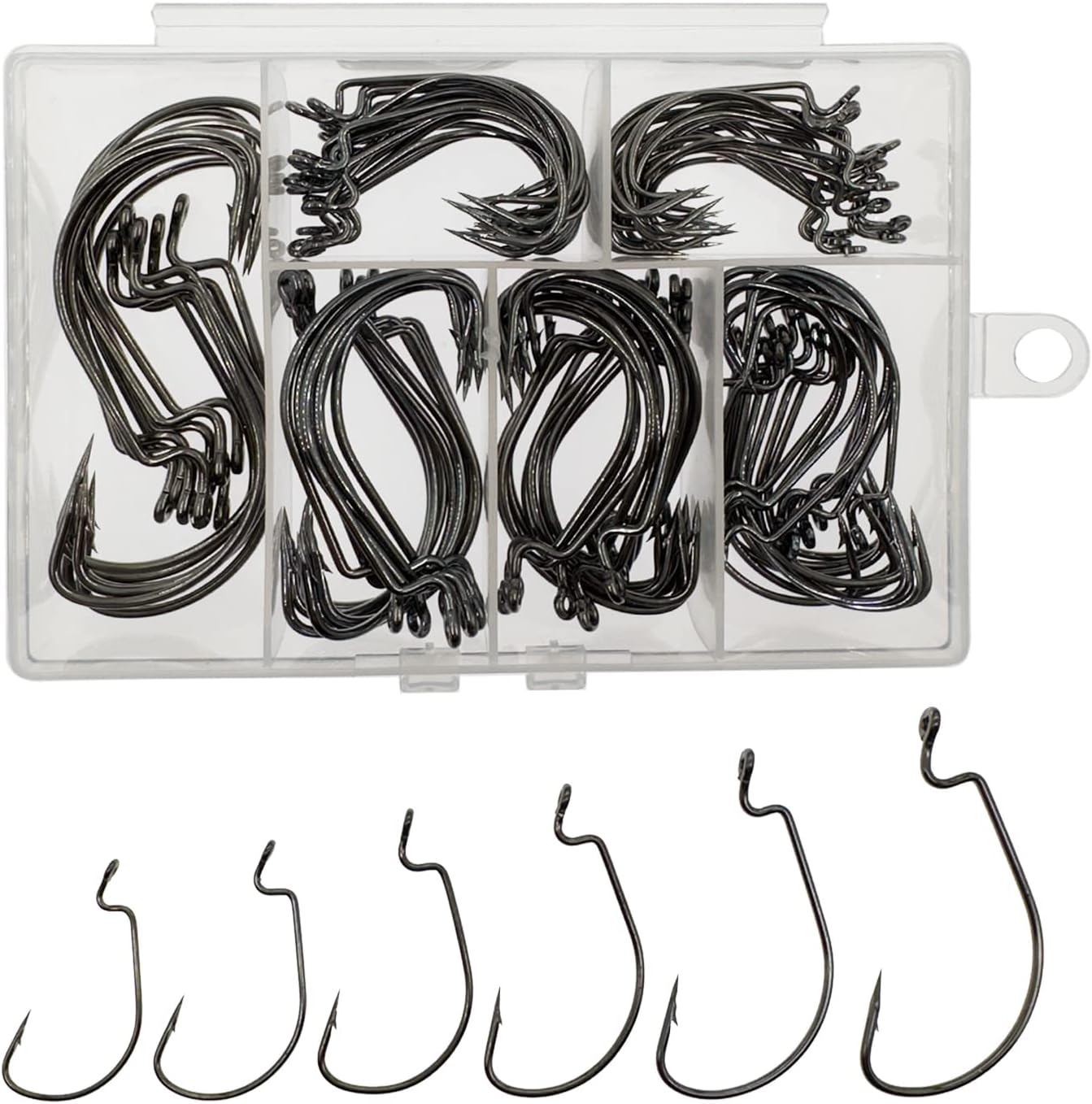 Worm Hooks for Bass Fishing Hooks, 110pcs Bass Hooks Fishing, 6 Sizes Fishing Hooks Freshwater, Eagle Claw Fishing Hooks Bass #1 1/0 2/0 3/0 4/0 5/0 High Carbon Steel with Portable Plastic Box