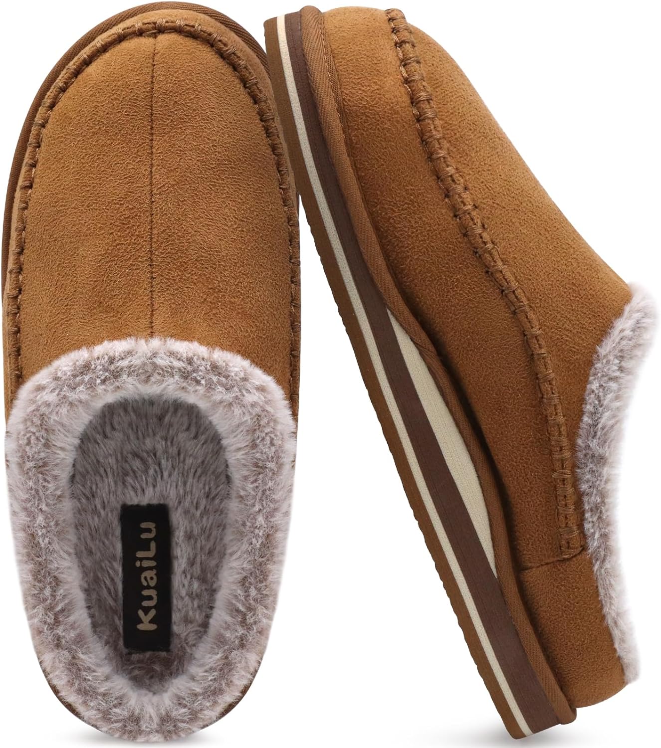 KuaiLu Mens Memory Foam Clog Slippers Comfy Handmade Stitch Microsuede Slip-on House Shoes With Arch Support Warm Faux Fur Lined Rubber Sole Indoor Outdoor