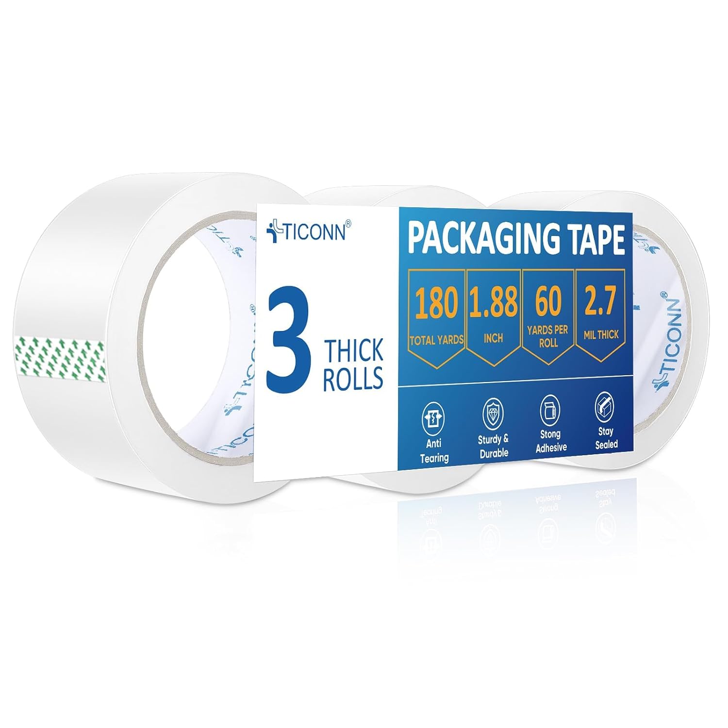 TICONN Packing Tape, 180 Yards Heavy Duty Clear Packaging Tape 2.7 mil Shipping Tape, 1.88 inch x 60 Yards Tapes for Shipping, Mailing, Moving (3 Pack)