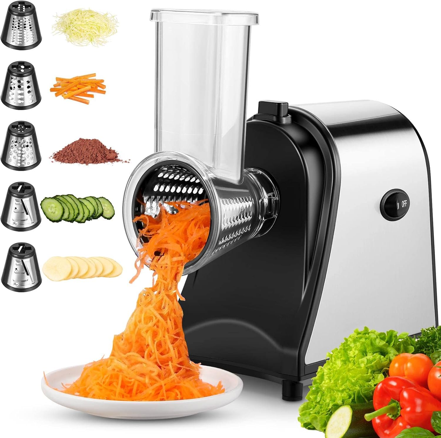 Nictemaw Electric Cheese Grater, 250W 5-in-1 Professional Cheese Grater Electric Vegetable Slicer, Electric Slicer Shredder for Veggies, Carrots, Carrot, Potatoes