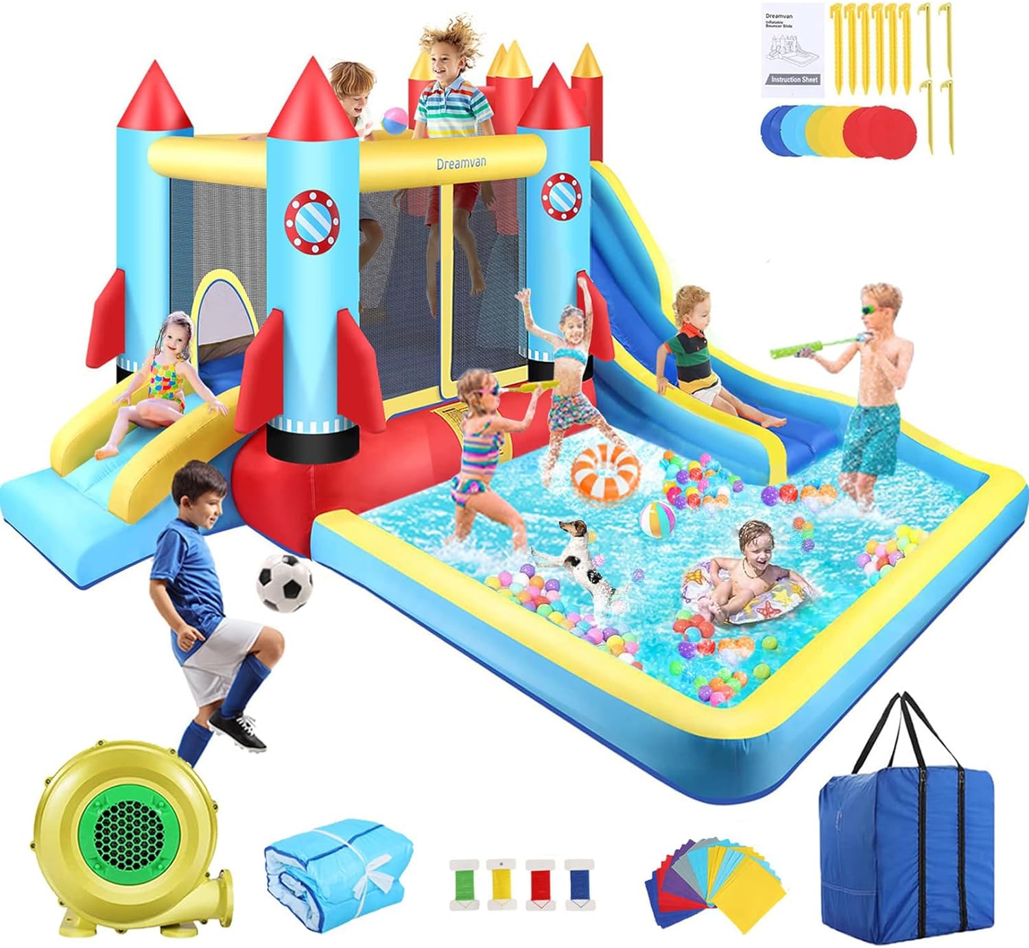 AKEYDIY Bounce House Water Slide, Rocket Castle Bouncy House- 13X12ft Inflatable Bounce House for Kids 3-12 with Slide Park,Pool,Climbing Wall,Bouncer Area- Kids Water Bounce House Indoor/Backyard