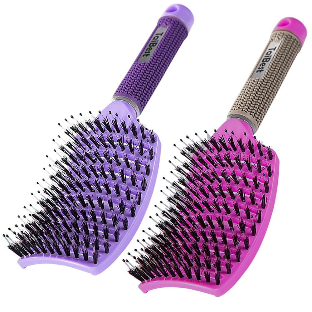 Boar Bristle Hair Brush Set - Dry/Wet Hair Brush Detangler for Fine, Thick, Curly Hair - Curved and Vented Hair Brush for Women, Men or Kids (Purple & Rose Red)