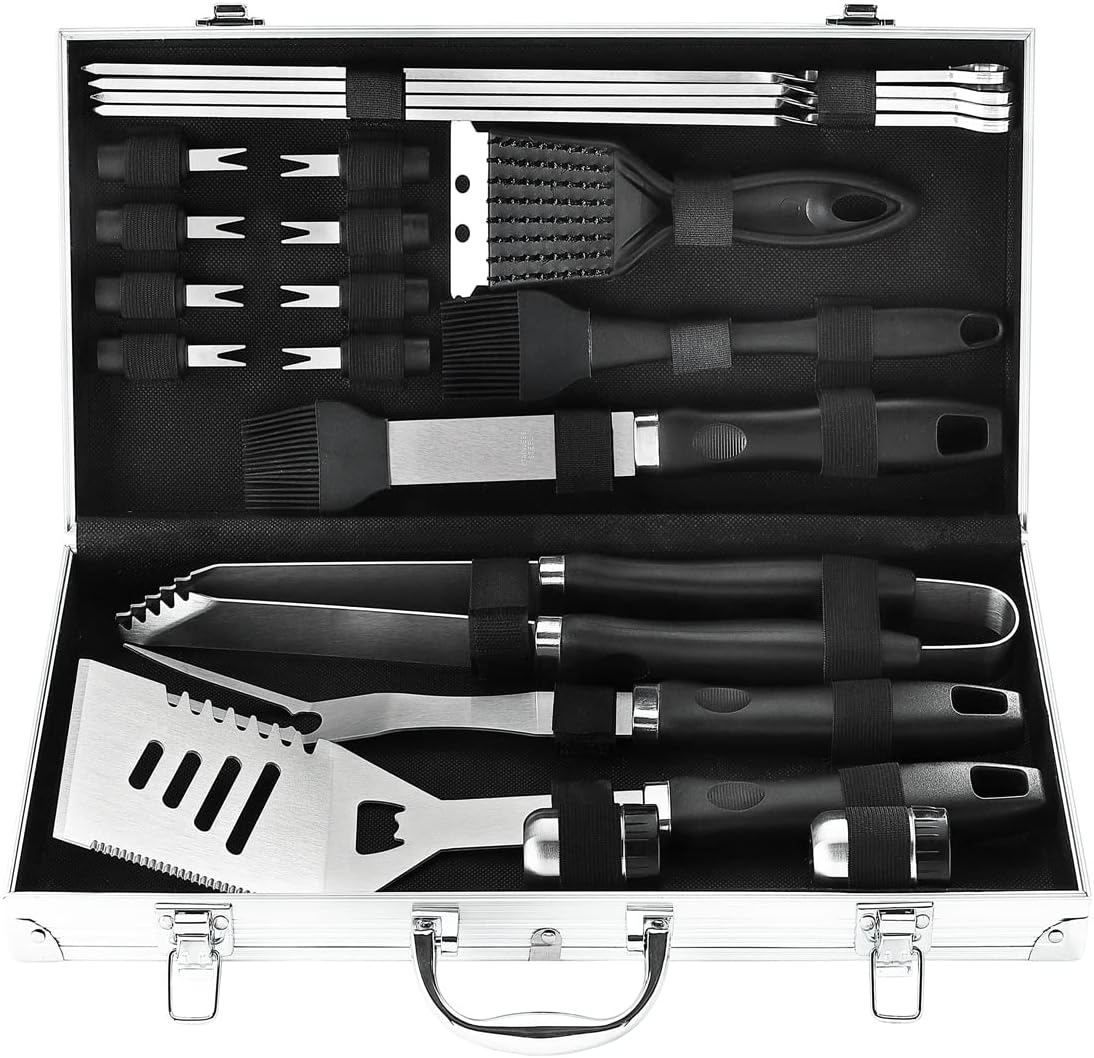 21PCS Complete BBQ Utensils Set with Aluminum Case - Enlarged Handle Stainless Steel Grill Tools Set for Outdoor Camping Barbecue - Ideal BBQ Gift on Fathers Day, Birthday, Christmas