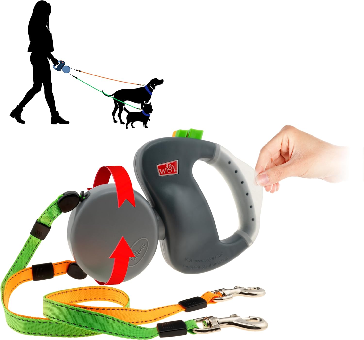 Wigzi Two Dog Retractable Non-Tangling Dog Leash with Innovative Gel Handle - Walk 2 Dogs Up to 50 lbs Each - 10 ft Leads, Small/Medium, Gray