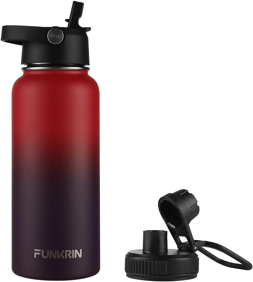 Funkrin Insulated Water Bottle with Straw Lid & Spout Lid, 32oz Personalized Vacuum Stainless Steel Travel Mug, Leak Proof Double Walled Thermos for Hot & Cold Beverages