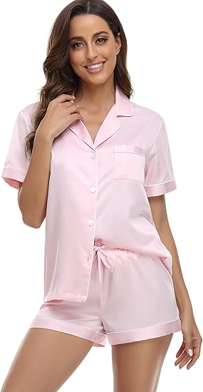 Serenedelicacy Women' Satin Pajama Set 2-Piece Sleepwear Loungewear Button Down Short Sleeve PJ Set