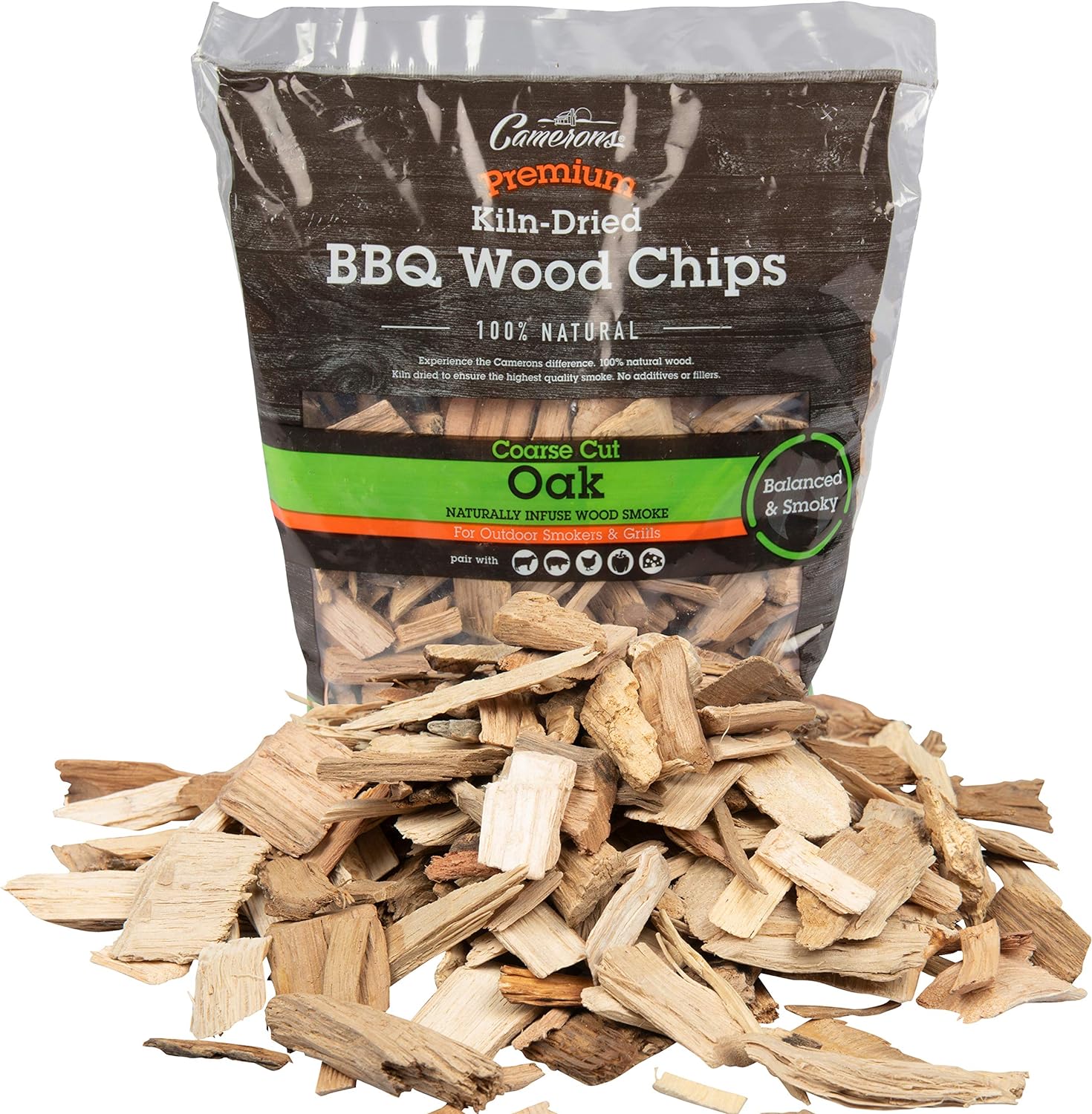 Camerons All Natural Oak Wood Chips for Smoker - 260 Cu. in. Bag, Approx 2 Pounds - Kiln Dried Coarse Cut BBQ Grill Wood Chips for Smoking Meats - Barbecue Smoker Accessories - Grilling Gifts for Men