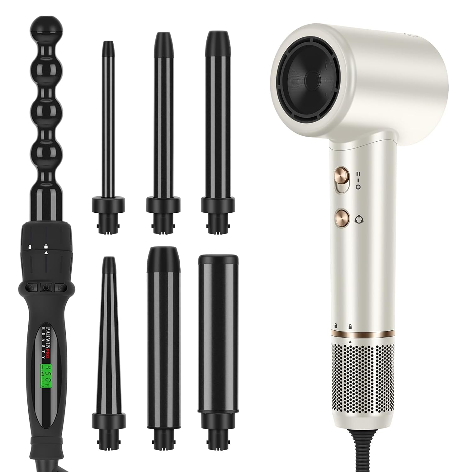 7 in 1 Curling Wand Set Bundle with Air-Sonic Hair Dryer, High Speed 110,000 RPM Brushless Motor, Negative Ions