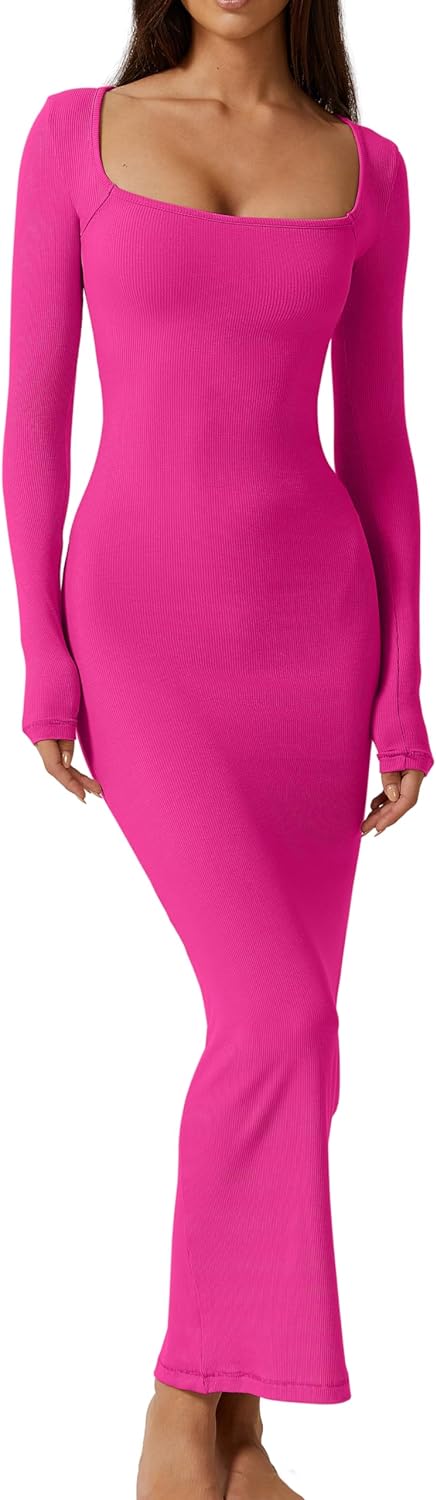 QINSEN Women's Long Maxi Dress Square Neck Long Sleeve Ribbed Bodycon Lounge Dresses