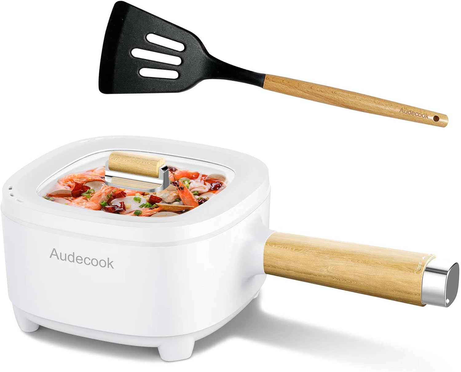 Audecook Electric Pot 2L, Non-Stick Ceramic Glaze Frying Pan 8", Multifunction Electric Skillet Pan for Steak, Egg, Ramen, Oatmeal, Soup with Power Adjustment (Silicone Spatula Included)