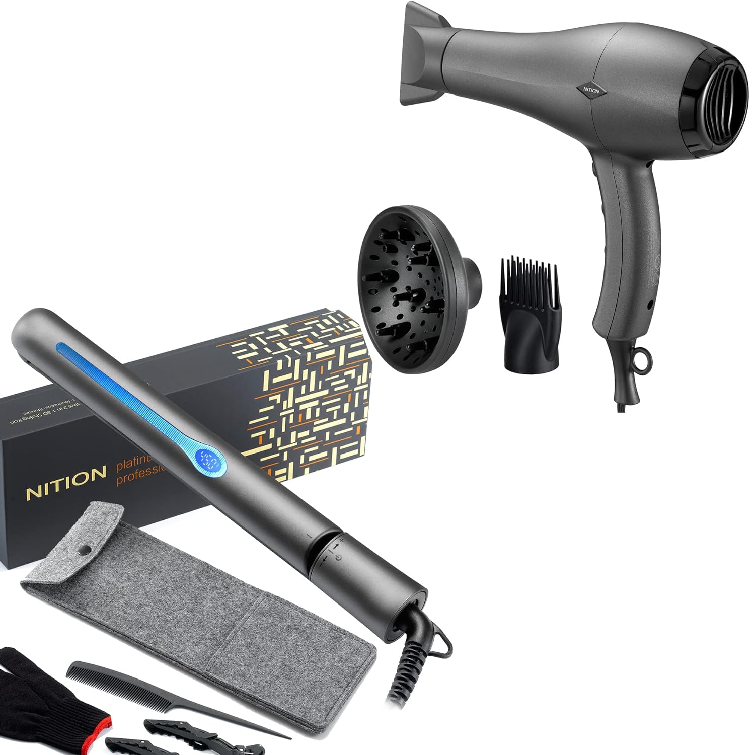 NITION Salon Hair Flat Iron and Hair Dryer with Diffuser/Comb Set