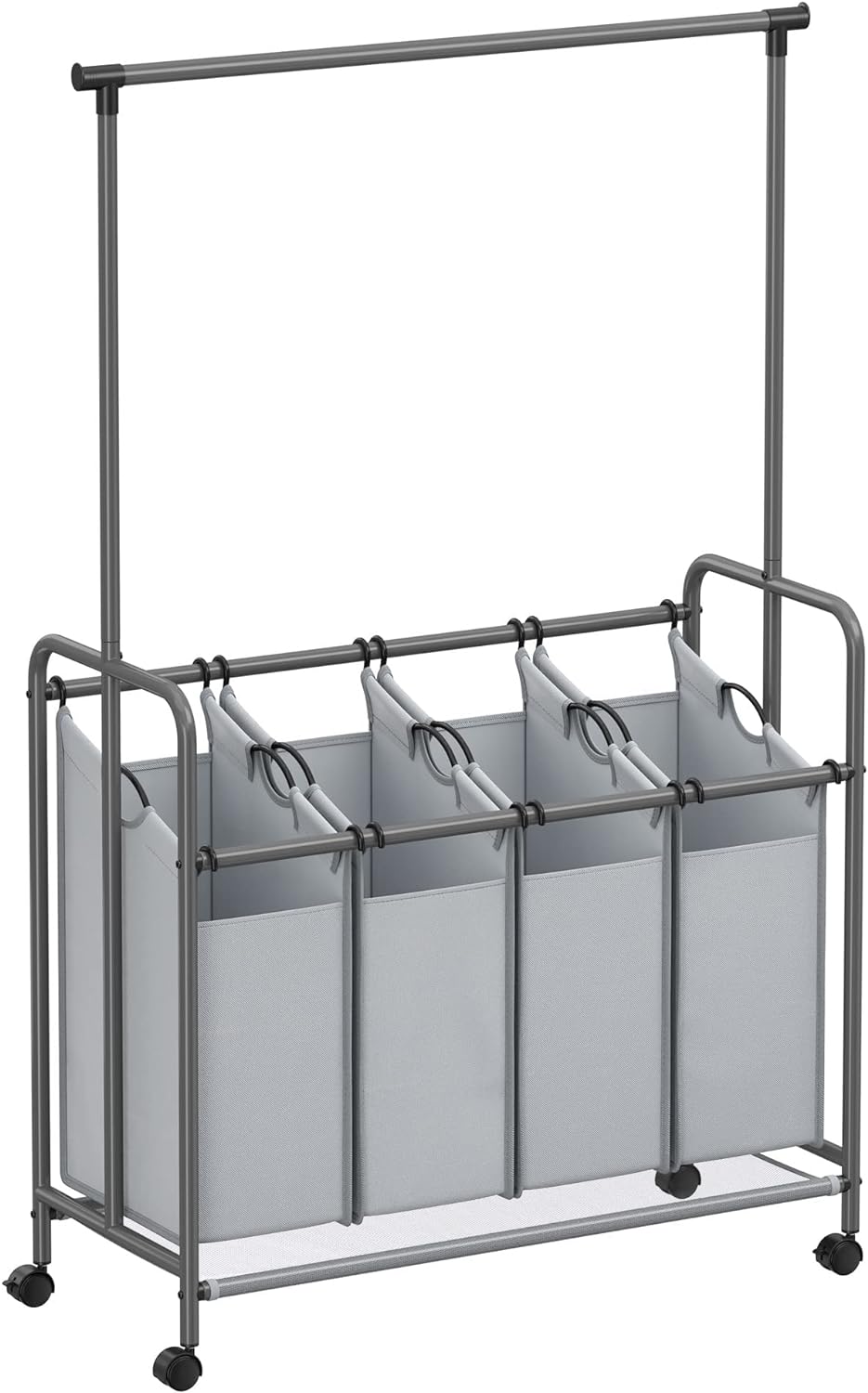 SONGMICS 4-Section Laundry Sorter, Rolling Laundry Hamper with Hanging Bar, Heavy-Duty Laundry Basket, Lockable Wheels Hampers for Laundry, 4 x 13.2 Gal., Gray URLS44GS