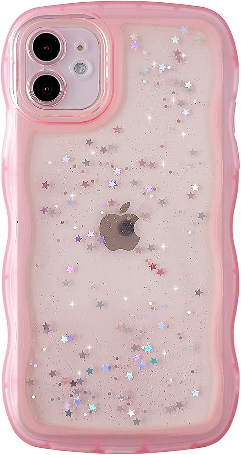 Qokey for iPhone 12 Case 6.1 Curly Wave Edge Design Transparent Bling Glitter Star Shiny Case Cute Clear Transparent Full Protection Soft TPU Shockproof Phone Cover for Women Girls, Pink