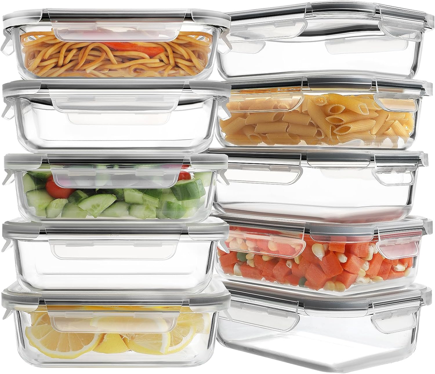 10 Pack Glass Meal Prep Containers, Food Storage Containers with Lids, Airtight Lunch Bento Boxes, BPA-Free & Leak Proof (10 lids & 10 Containers) - Grey