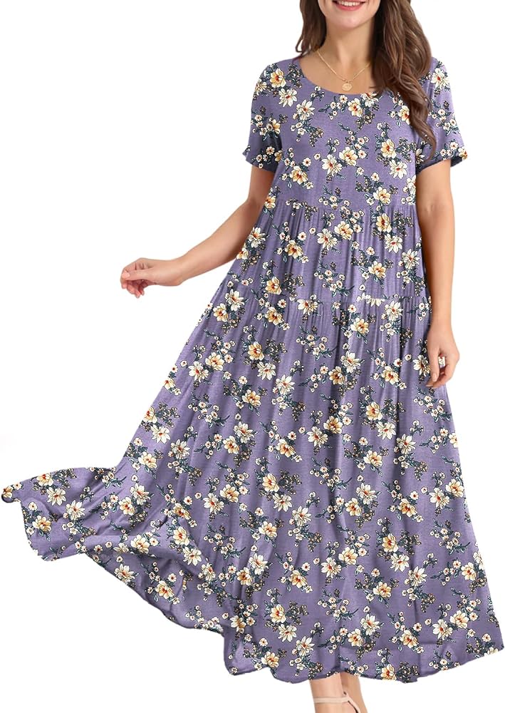 YESNO Women Casual Loose Bohemian Floral Dress with Pockets Short Sleeve Long Maxi Summer Beach Swing Dresses EJF