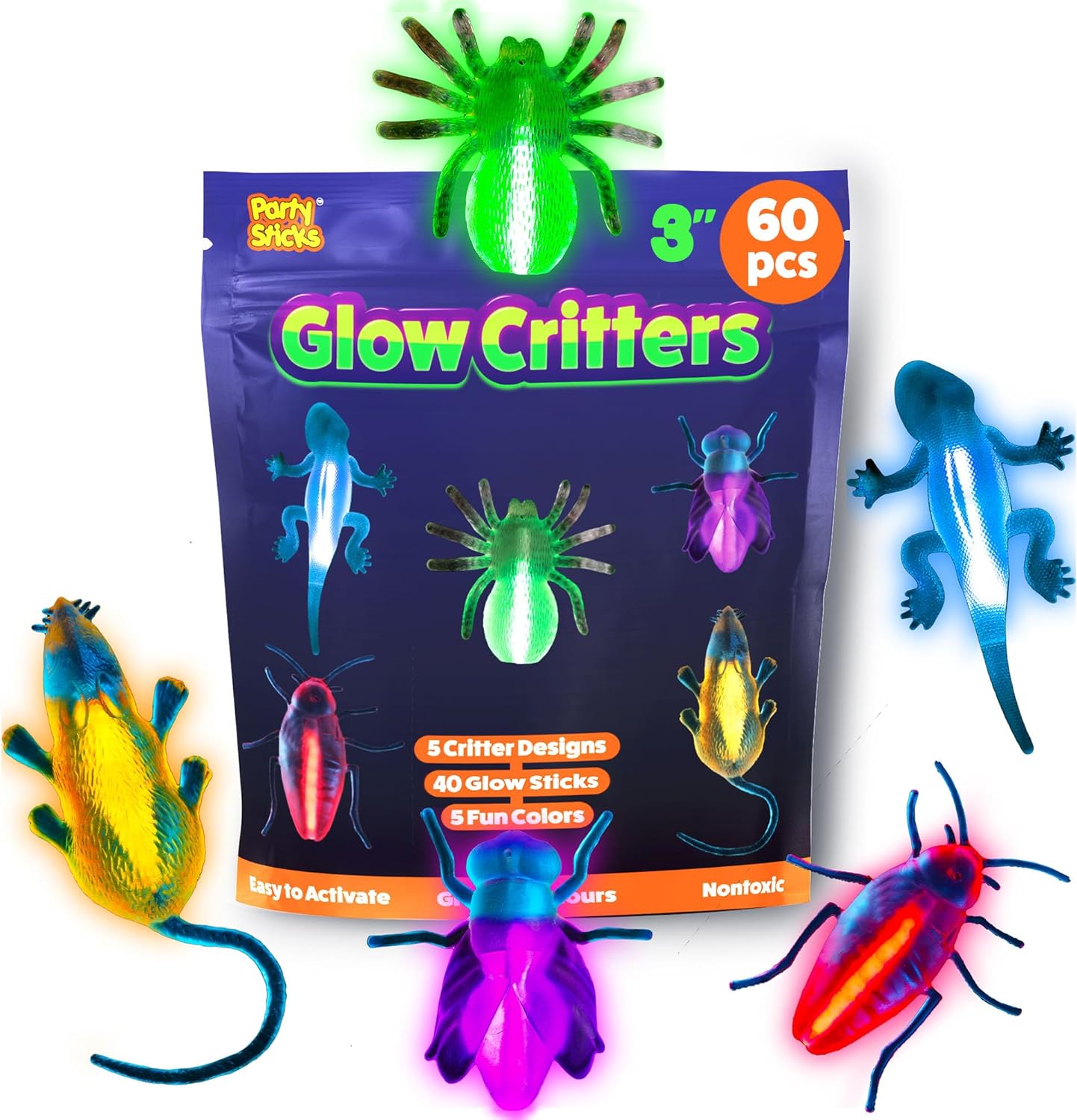 Glow Critters and Halloween Trick or Treat Glow Skeletons and Pumpkins - Glow Sticks Party Favors - Glow in The Dark Party Supplies - 60 Count