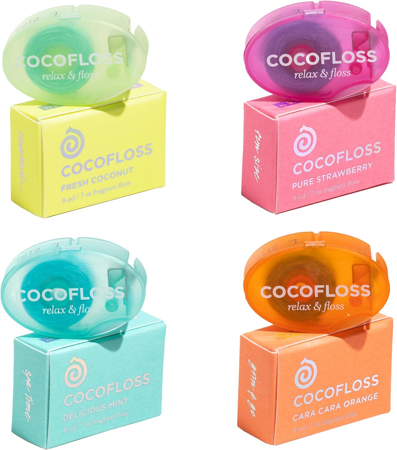 Cocofloss Woven Dental Floss, Travel Sampler, Dentist-Designed Oral Care with Coconut Oil, Waxed, Vegan, Kid-Friendly, 4-Pack Minis, Mint, Coconut, Orange, Strawberry (8 yd Each)