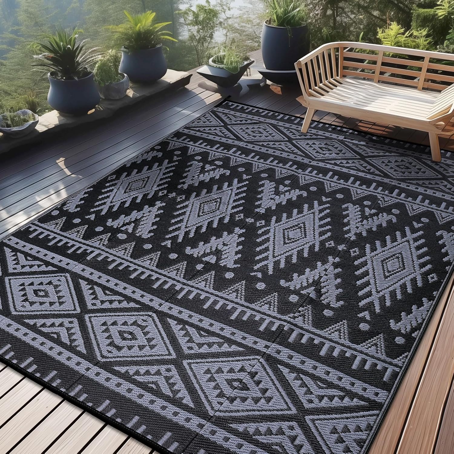 OLANLY Outdoor Rug Waterproof 9x12 ft, Reversible Outdoor Plastic Straw Rug, Boho Patio Rug, Indoor Outdoor Carpet, RV Mat Outside for Patio, Camp, Picnic, Balcony, Deck, Backyard, Black & Grey