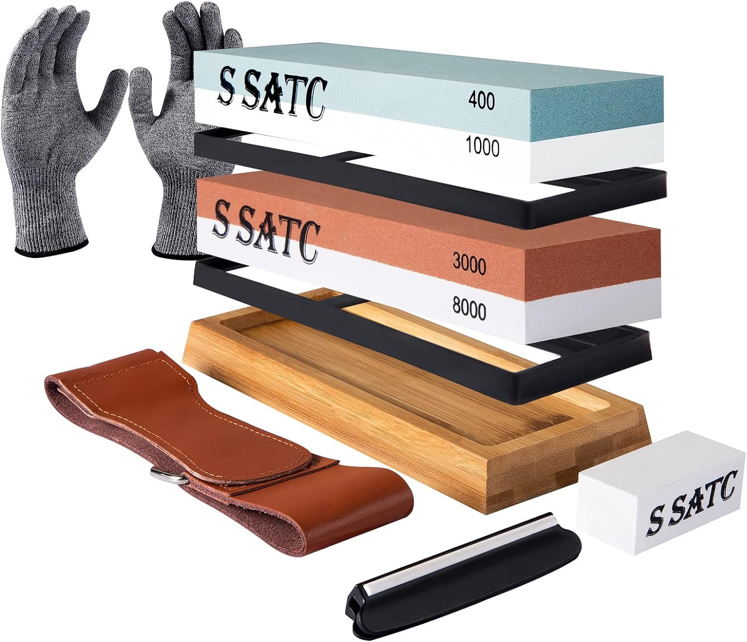 S SATC Knife Sharpening Stone Whetstone 4 Side Grit 400/1000 3000/8000 Stone Knife Sharpeners with Nonslip Rubber Bases, Wood Base, Flattening Stone, and Leather Strop