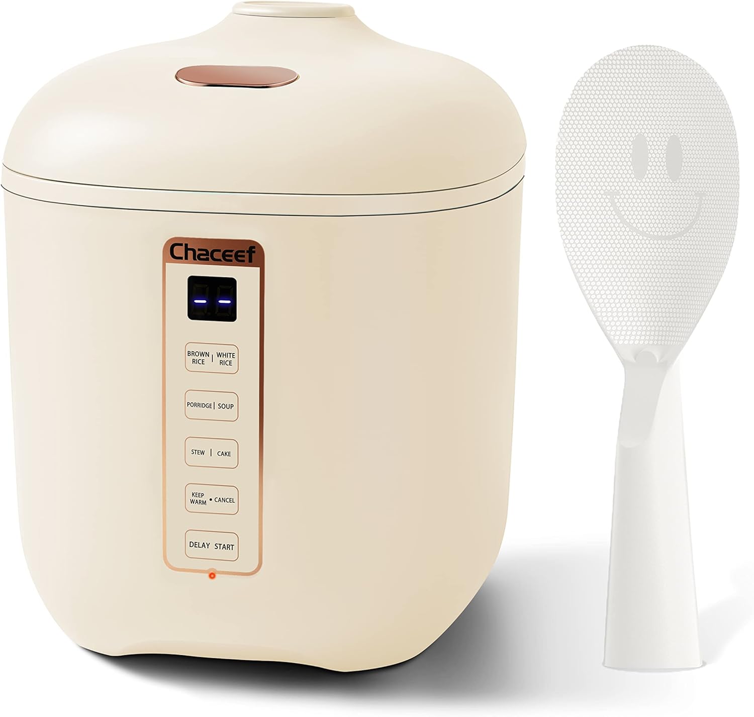 CHACEEF Mini Rice Cooker 2-Cups Uncooked, 1.2L Portable Non-Stick Small Travel Cooker, Smart Control Multifunction with 24 Hours Timer Delay & Keep Warm Function, Food Steamer, Beige