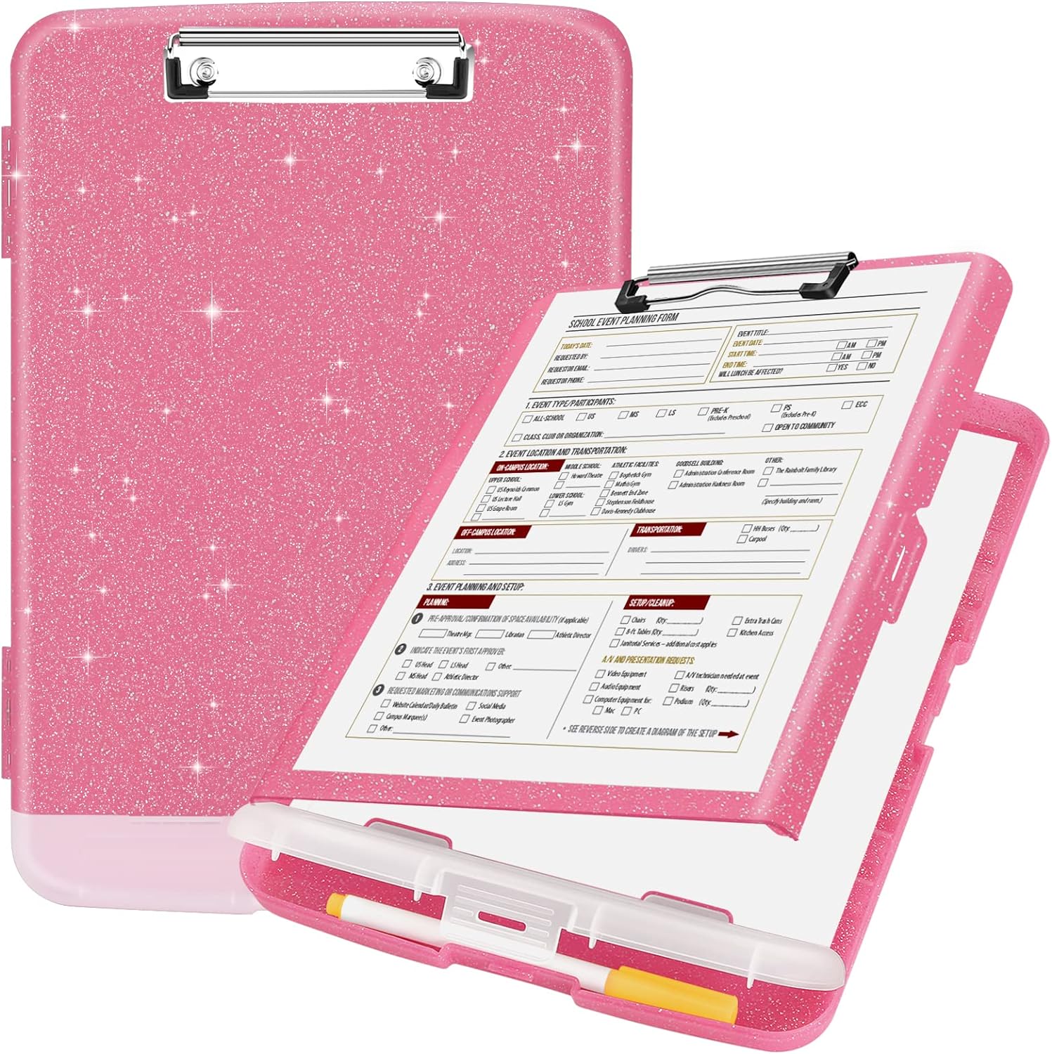 Sooez Glitter Clipboard with Storage, High Capacity Storage Clipboard with Pen Holder, Cute Clip Boards 8.5x11 with Low Profile Clip, Sparkle Plastic Clipboard Case Box for Women & Kids, Side Opening