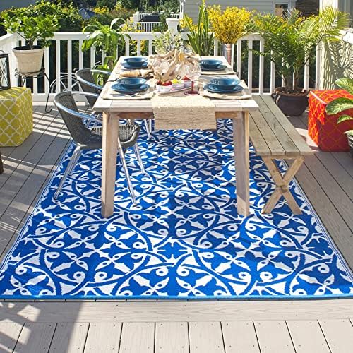 Fab Habitat Outdoor Rug - Waterproof, Fade Resistant, Crease-Free - Premium Recycled Plastic - Spanish Tile Farmhouse - Porch, Deck, Balcony, Laundry Room, Patio - San Juan - Dark Blue - 3 x 5 ft