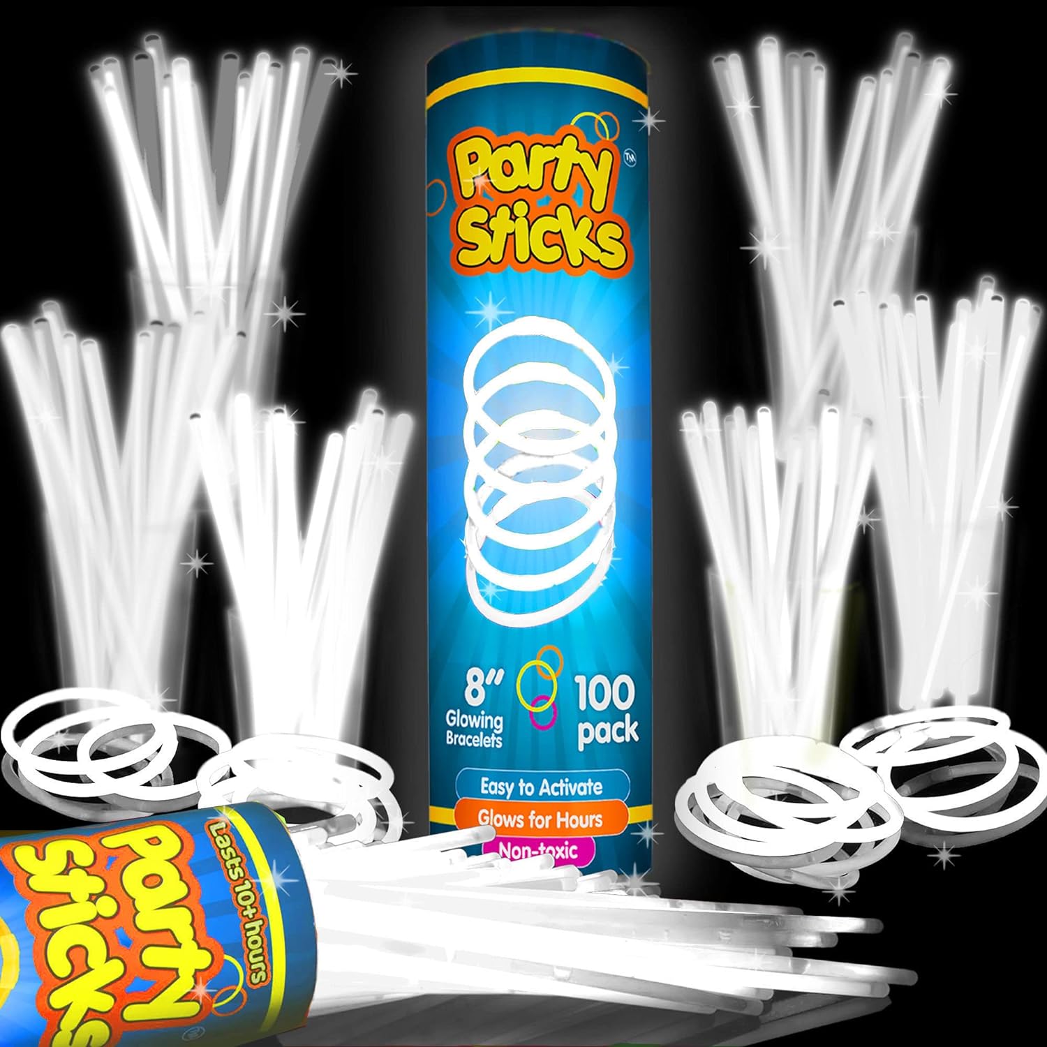 PartySticks White Glow Sticks Party Supplies 100pk - 8 Inch Glow in The Dark Light Up Sticks Party Favors, Glow Party Decorations, Neon Party Glow Necklaces and Glow Bracelets with Connectors