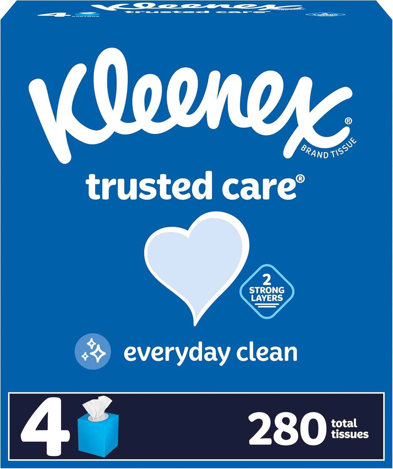 Kleenex Trusted Care Facial Tissues, 4 Cube Boxes, 70 Tissues per Box, 2-Ply (280 Total Tissues), Packaging May Vary