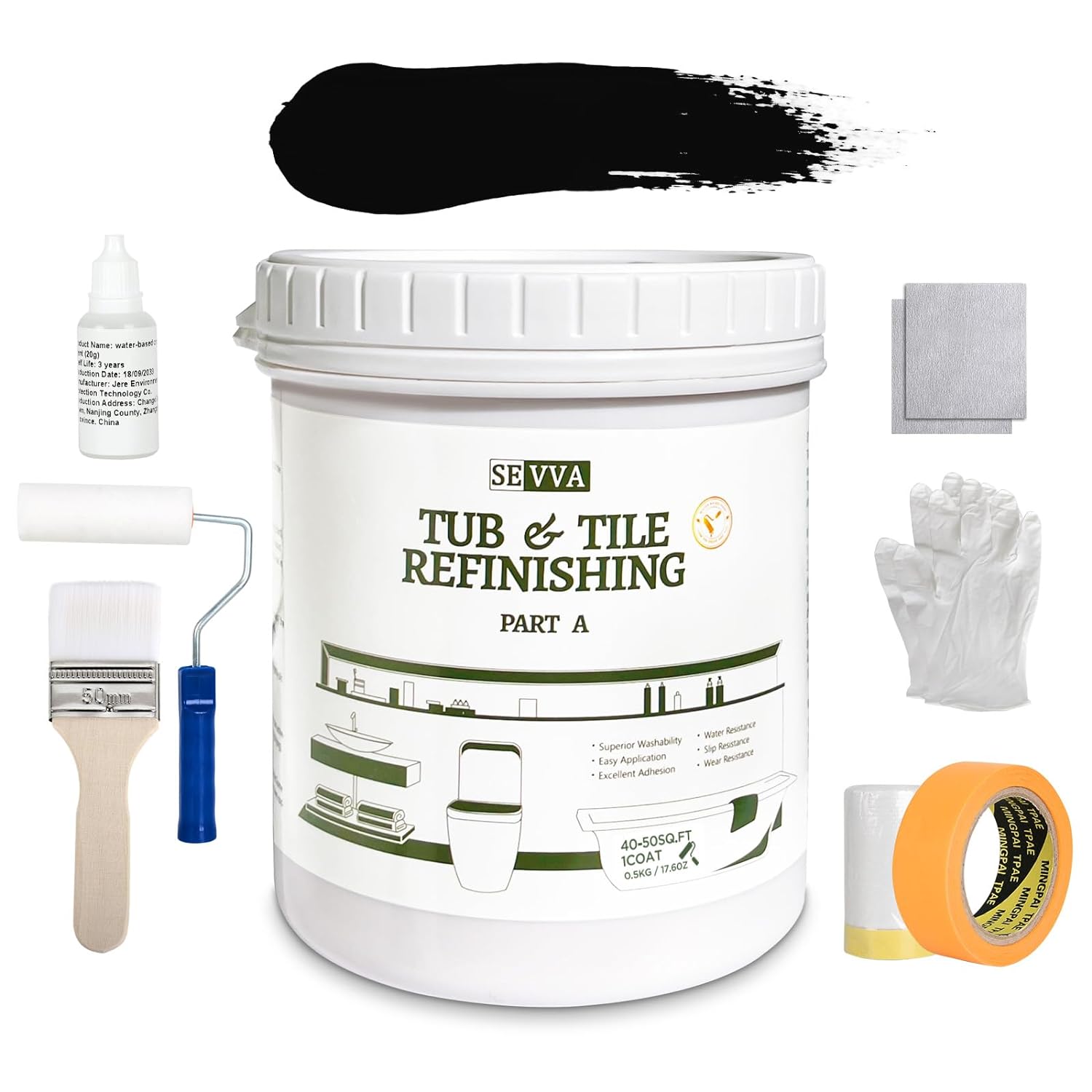 Tile Paint, Tub and Tile Refinishing Kit with Tools, 0.5kg/17.5 Oz Black,Tub Sink Tile Refinishing DIY Bathtub Refacing Paint Water Based & Odorless, Easy to Use Sink Coating Paint for Bathroom