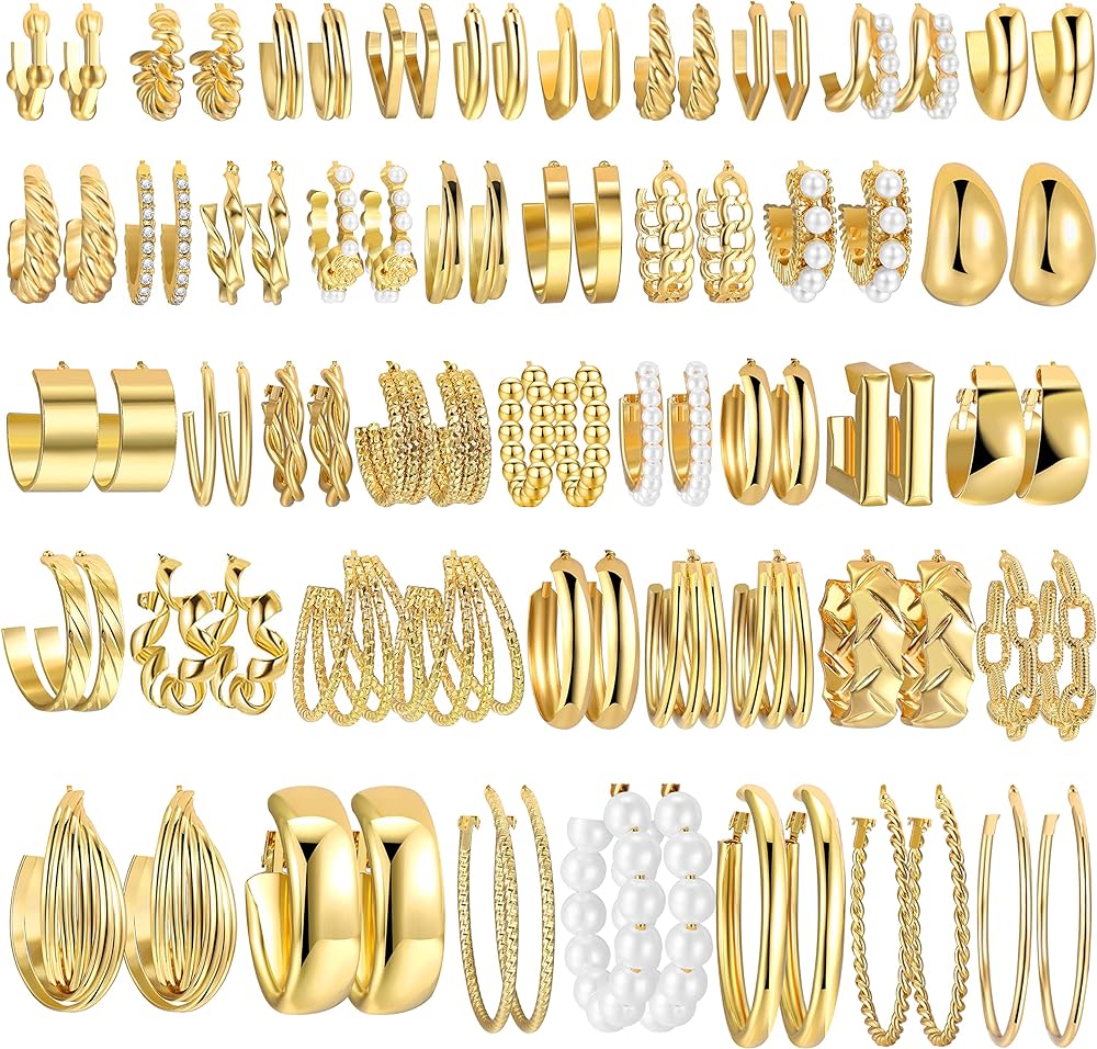 42 Pairs Gold Hoop Earrings Set for Women, Fashion Chunky Pearl Earrings Multipack Twisted Statement Earring Pack, Hypoallergenic Small Big Hoops Earrings for Birthday Party