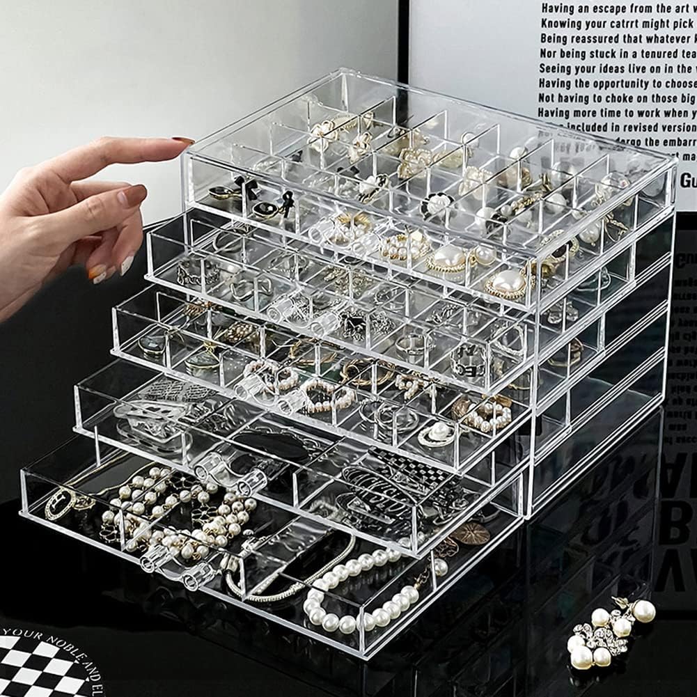 Jewelry Boxes Earring Storage Box Organizer 5 Drawers Jewelry Organizer Acrylic Jewelry Storage Box Holder Compartment Transparent Display Storage Case Gift for Women Girls (84 Girds)