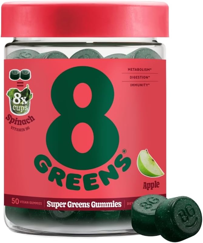 8Greens Daily Greens Gummies - Superfood Booster, Energy & Immune Support, Made with Real Greens, Greens Powder, Vitamin C, B12, Spirulina - Apple, 50 Count