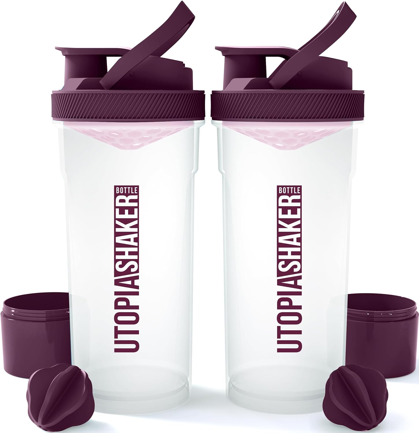 Utopia Home 2-Pack Shaker Bottle - 24 Ounce Protein Shaker Bottle for Pre & Post workout drinks - Classic Protein Mixer Shaker Bottle with Twist and Lock Protein Box Storage (Clear/Plum)