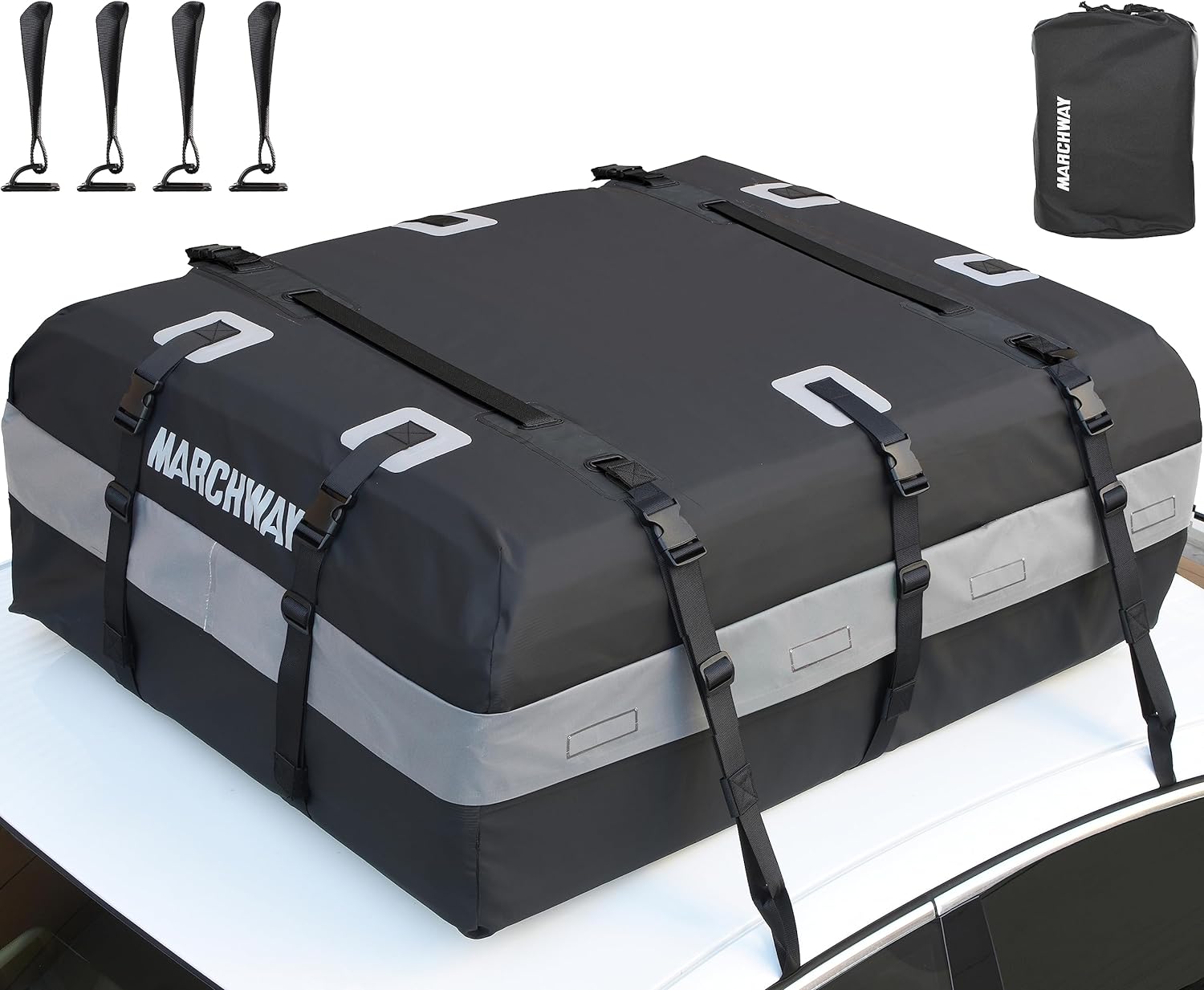 MARCHWAY Waterproof Car Roof Luggage Bag, Weatherproof Soft Shell Rooftop Cargo Carrier Bag for Vehicles with or Without Rack, 4+2 Door Hooks Included (Black, 15 Cubic Feet)