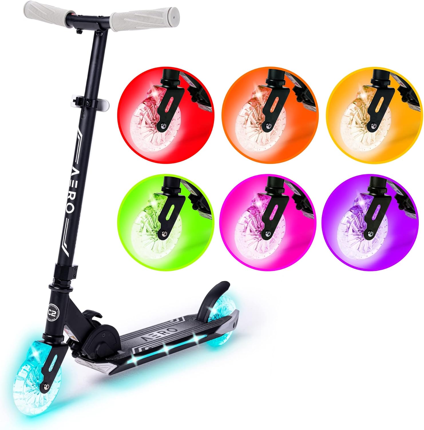 Aero kick scooter for kids ages 5-7 or 5-8 or 6-12 with Dynamic lights, foldable and height adjustable, scooters for boys and girls 6 years and up with light up clear Wheels and deck