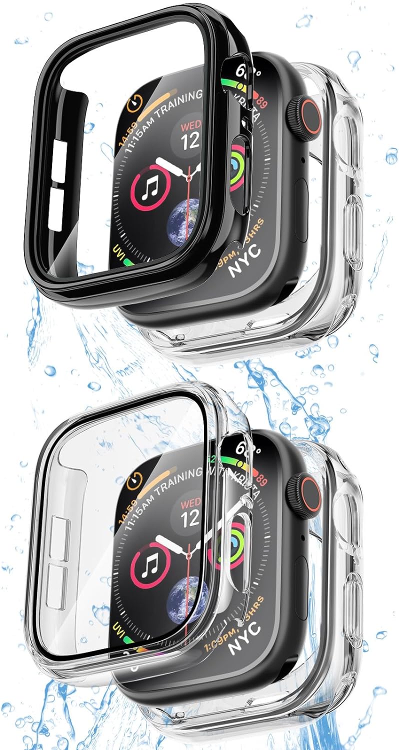 COOLQO 2 Pack Waterproof 2 in 1 Case Compatible for Apple Watch 41mm Series 9 8 7, with 9H Tempered Glass Screen Protector, Full Body Cover for iWatch 41 mm S9 S8 S7, [Hard PC+Soft TPU] Clear + Black