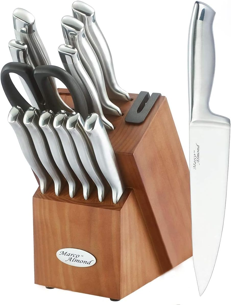 Marco Almond Knife Block Set, KYA26 Knife Set with Block, 14 Pieces Stainless Steel Chef Kitchen Knives with Built-in Sharpener