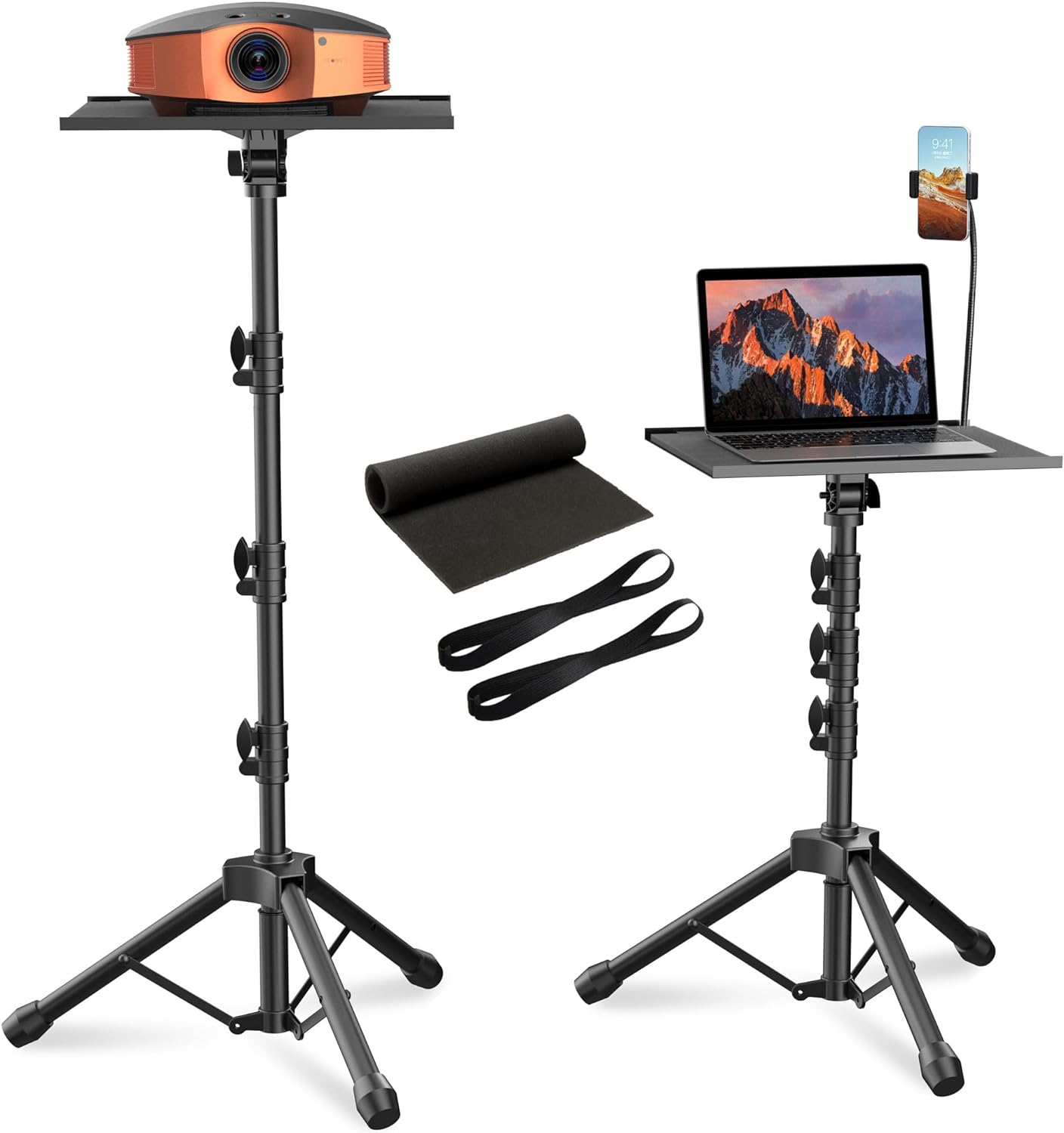 FOUR UNCLES Projector Tripod Stand, 23 to 63 Inch Laptop Tripod Adjustable Height, Portable Projector Stand for Outdoor Movies, DJ Racks Mount with Gooseneck Phone Holder, Apply to Stage or Studio