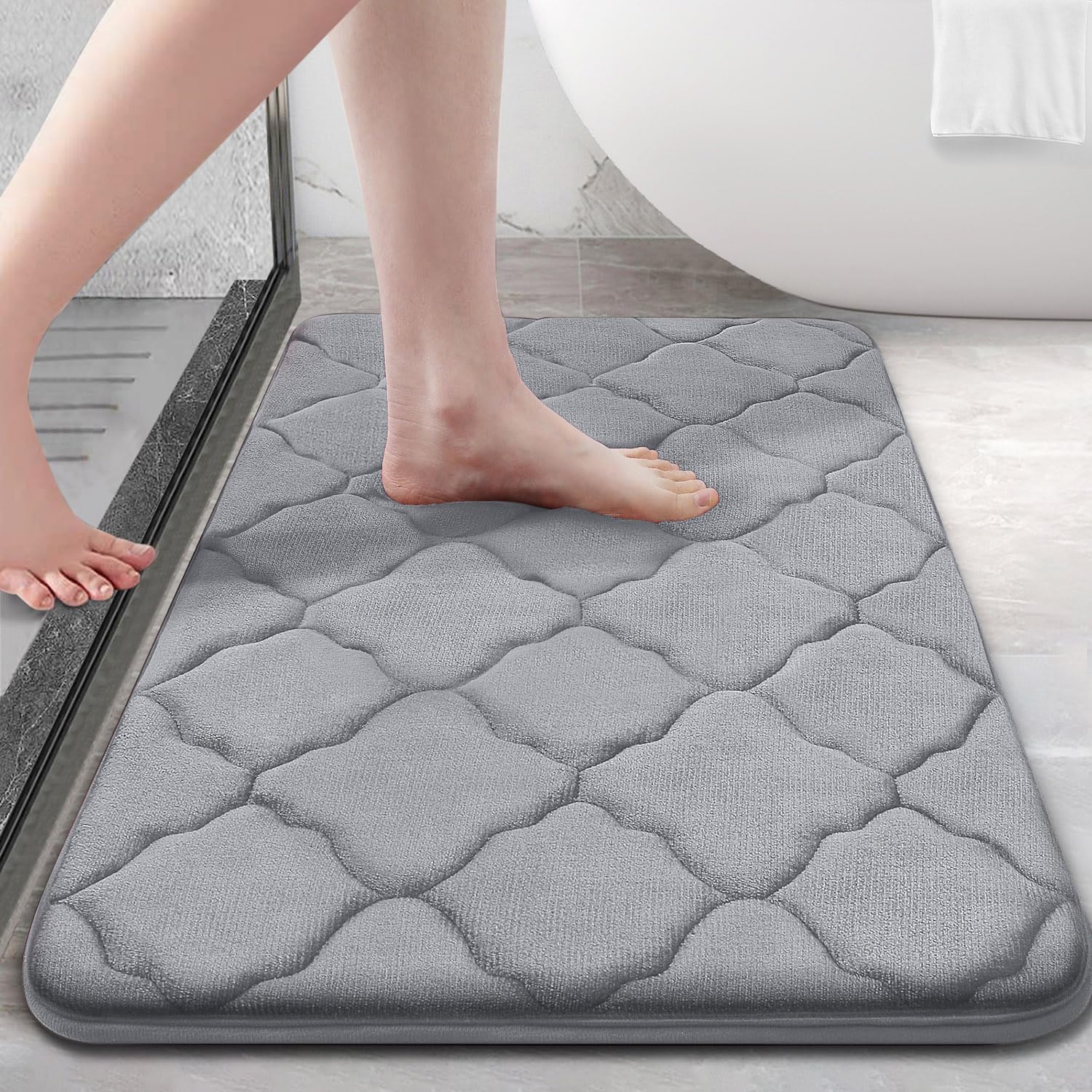 OLANLY Memory Foam Bath Mat Rug 24x16, Ultra Soft Non Slip and Absorbent Bathroom Rug, Machine Wash Dry, Comfortable, Thick Bath Rug Carpet for Bathroom Floor, Tub and Shower, Grey