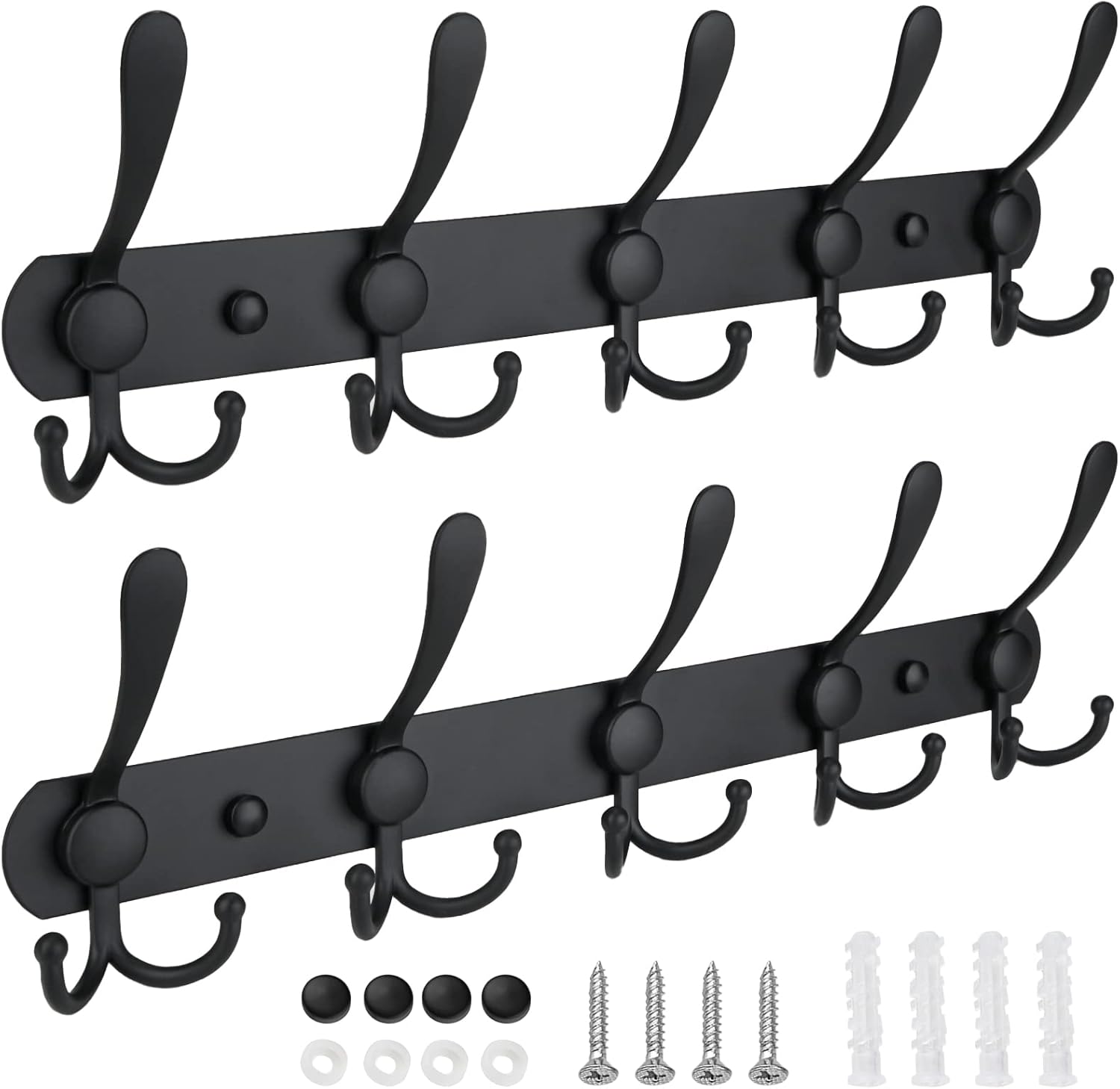 TICONN Wall Mounted Coat Rack, Five Heavy Duty Tri Hooks All Metal Construction for Jacket Coat Hat in Mudroom Entryway (Matte Black, 2-Pack)