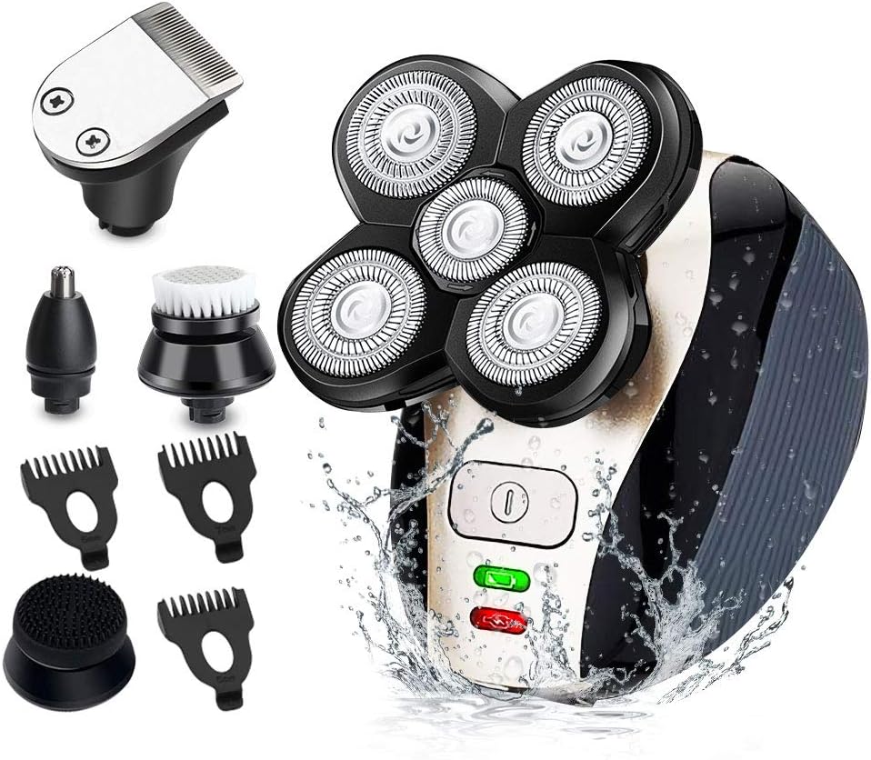 Electric Head Hair Shaver - ZHENREN Bald Head Shaver Mens Cordless Wet/Dry Bald Head Waterproof Razor with Rotary Blades, Clippers, Nose Trimmer, Brush, Massager