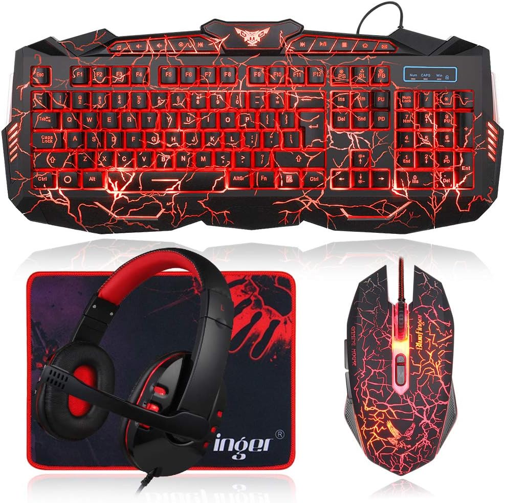 Gaming Keyboard Mouse Headset Combo,USB Wired Crack Backlit Keyboard,114 Keys Letters Glow LED Keyboard,Red LED Light Headset for Laptop PC Computer Work and Game