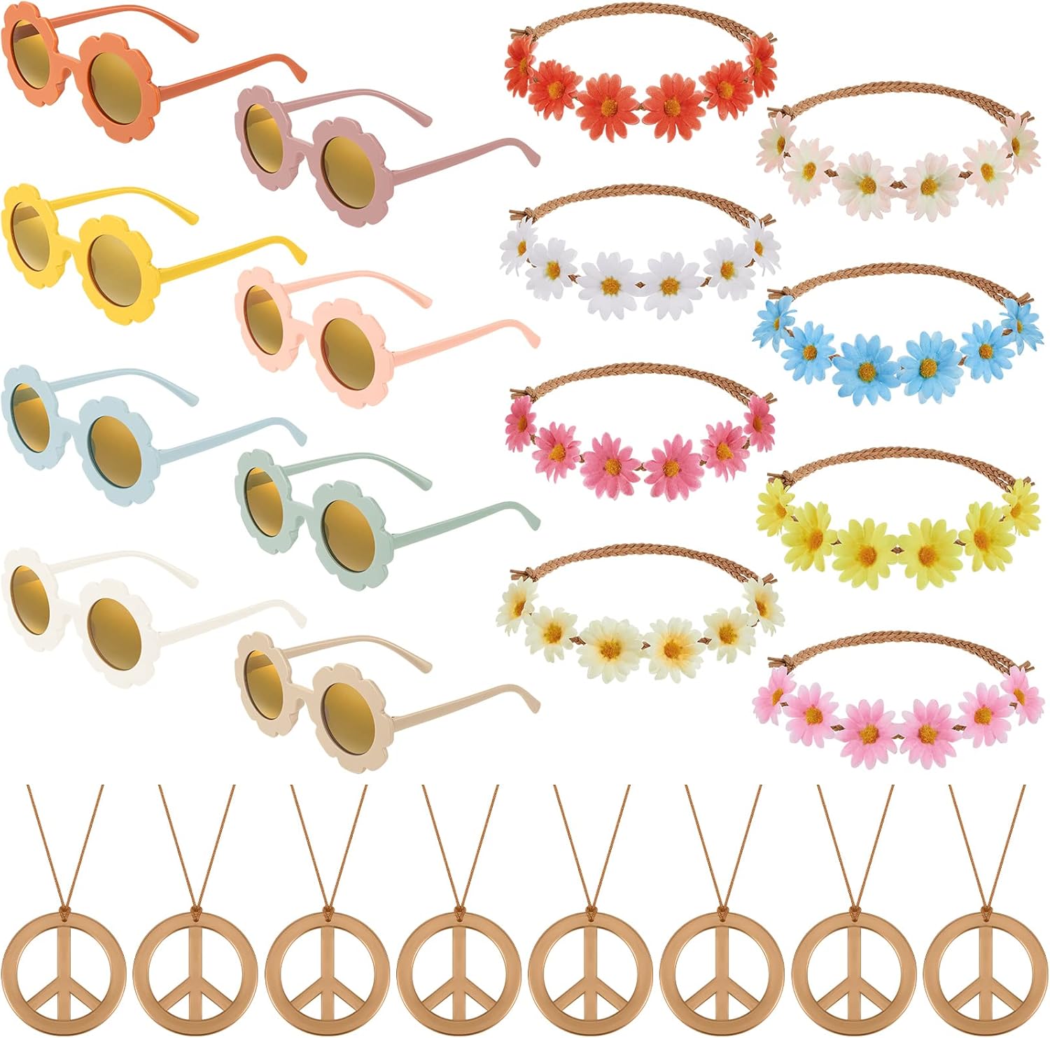 Amylove 24 Pcs Groovy Retro Party Favor Accessories Includes Round Flower Polarized Glasses and Headband Daisy Flower Crown Hippie Peace Necklace for Groovy Party Decorations 60s Festival Party Gifts