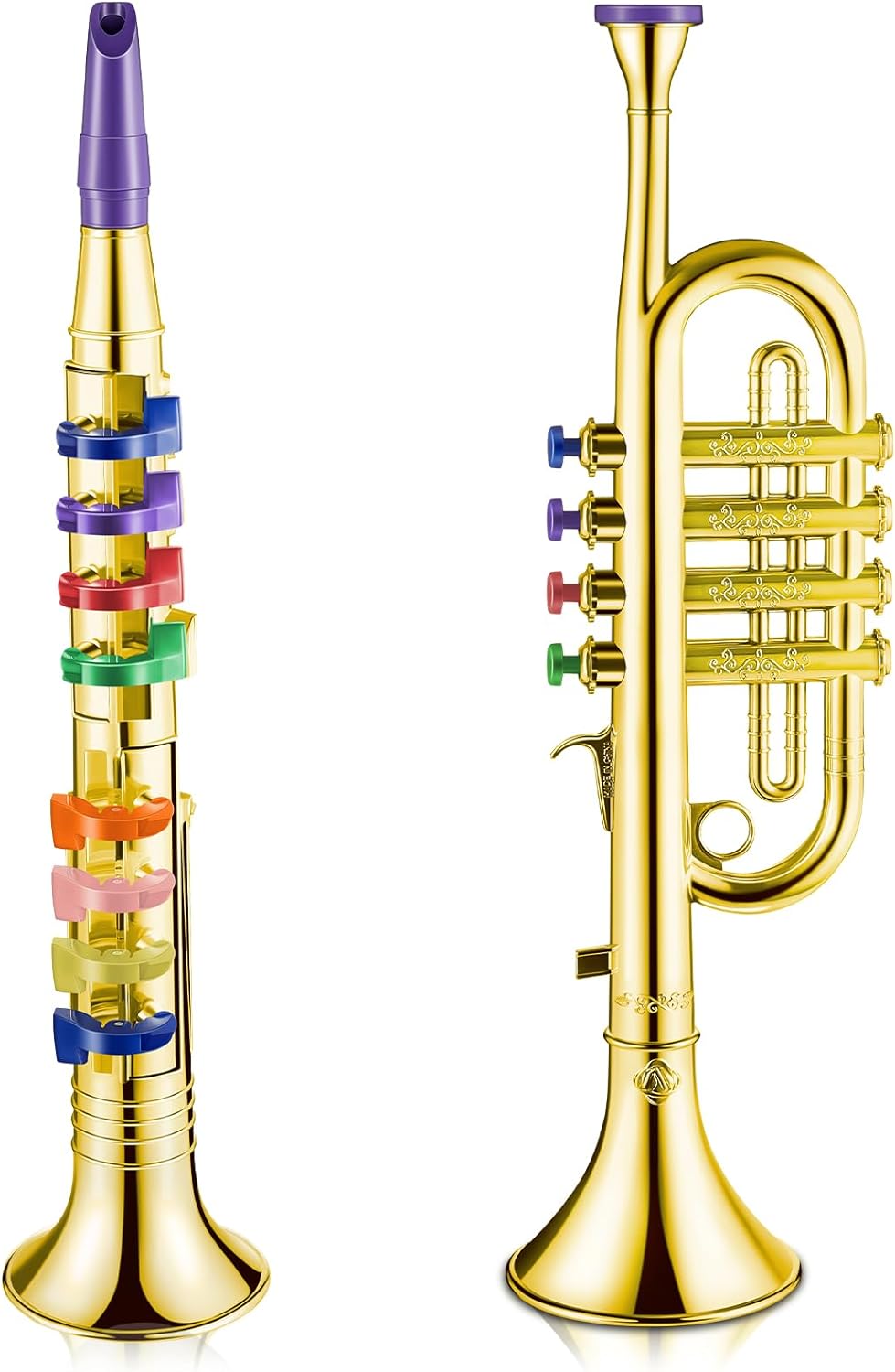 Amylove Set of 2 Music Instruments Include Toy Trumpet and Toy Saxophone Plastic Trumpet Portable Clarinet with Colored Keys Educational Toy for Home School Christmas Musical Gifts, Gold Finish