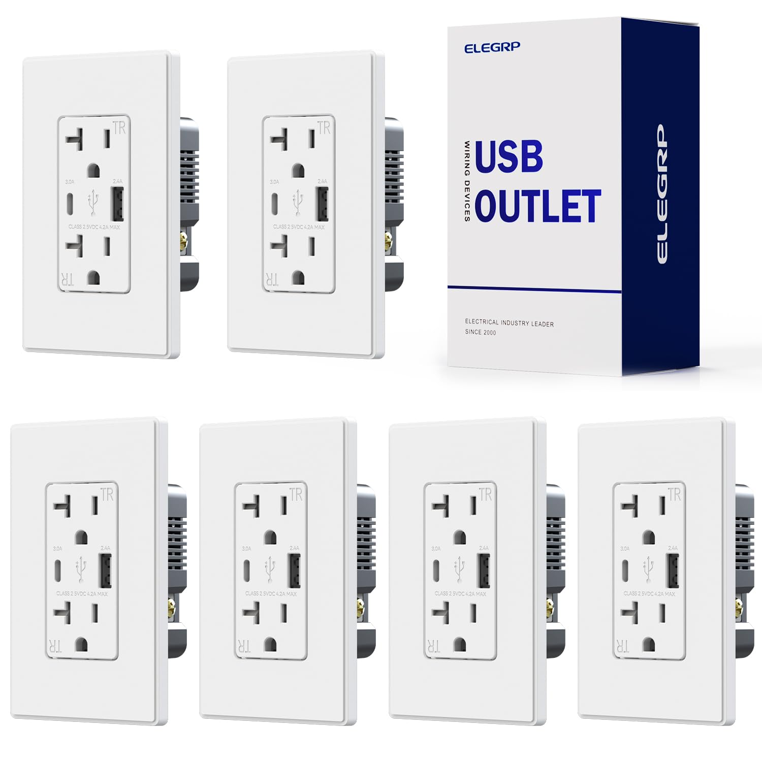 ELEGRP USB Charger Wall Outlet, USB Receptacle with Type A &amp; Type C USB Ports, 20 Amp Duplex Tamper Resistant Receptacle Plug, Wall Plate Included, UL Listed (6 Pack, Matte White)