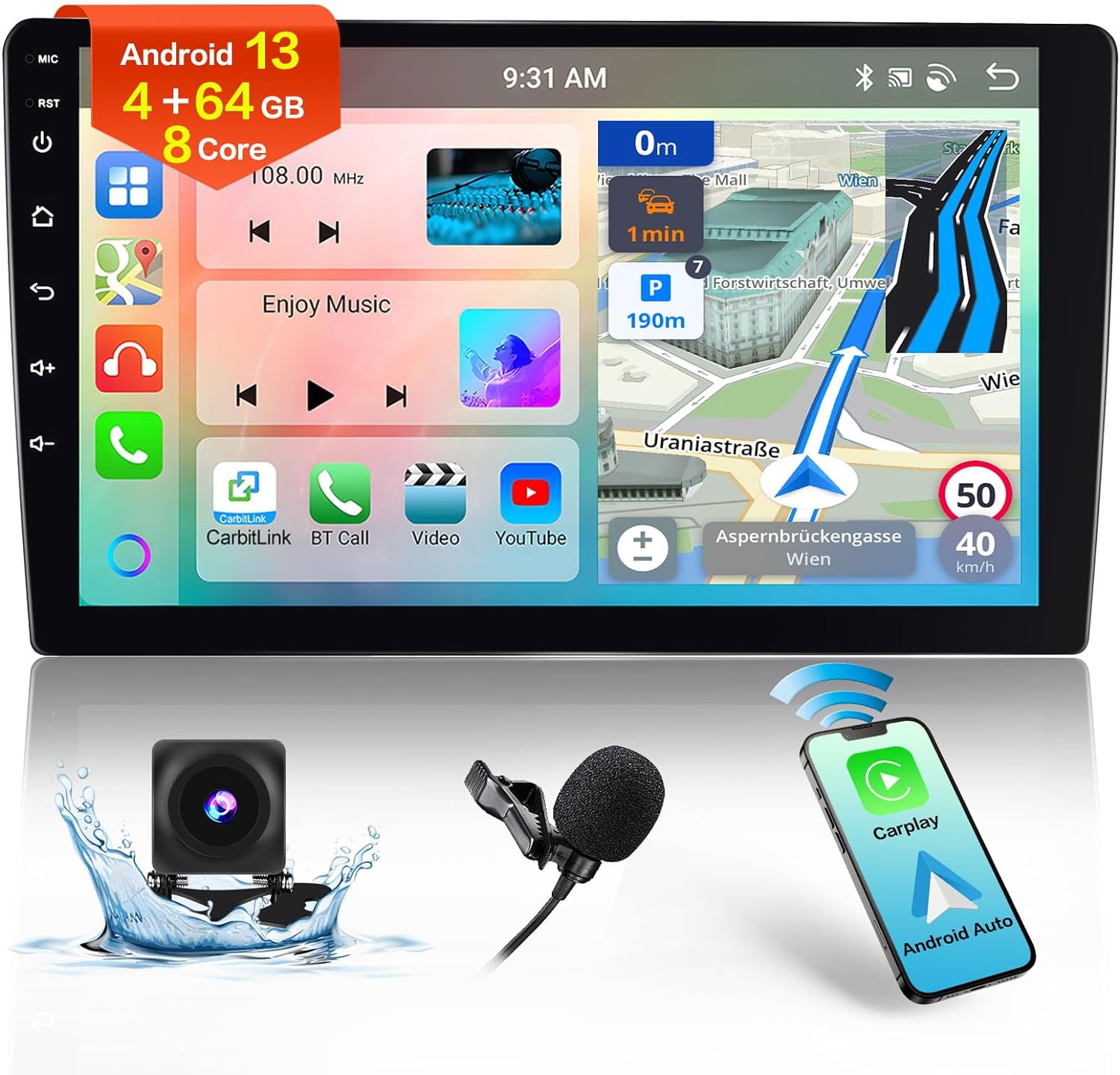 4G 64G Android 13 Car Stereo with Wireless Apple Carplay Android Auto, 8 Core Double Din 10.1 Inch IPS Touch Screen Car Radio Bluetooth GPS WiFi 32EQ DSP FM RDS SWC Mic, AHD Backup Cam