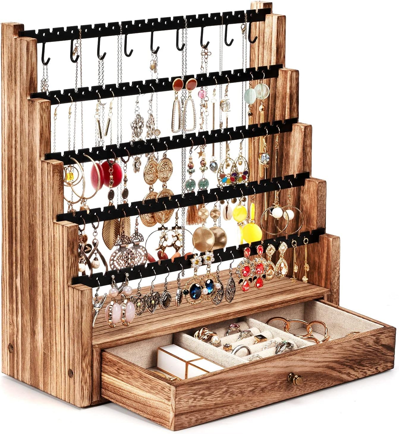 Pinzoveco Earring Organizer, 5 Layer Earring Holder Organizer with Necklace Holder Pole, Rustic Wood Jewelry Organizer Stand Display for Stud Earring Bracelet Necklace Ring, 175 Earring Holes