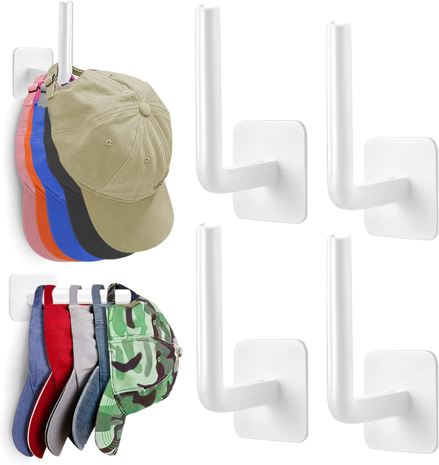 Hat Rack for Wall Hat Organizer, 4-Pack Hat Racks for Baseball Caps, Adhesive Hat Hooks for Wall, No Drilling Hat Hangers for Closet Cowboy Hat Holder Display, Sticky Hat Storage