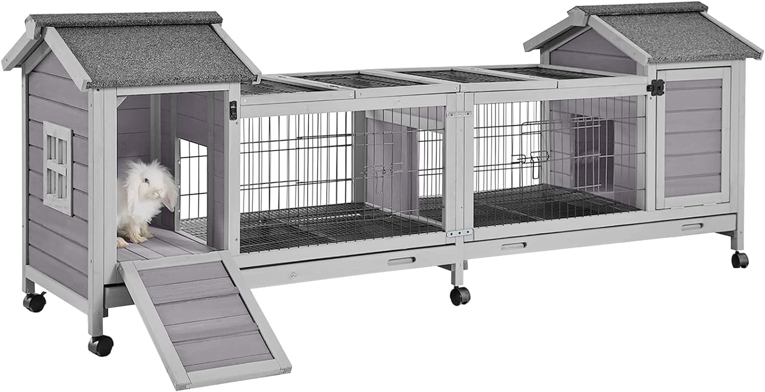 Rabbit Hutch Indoor Outdoor Bunny Cage Upgrade Large Space for Rabbit,Guinea Pig,Bunny and Other Small Animals,On Wheels Move Easily.