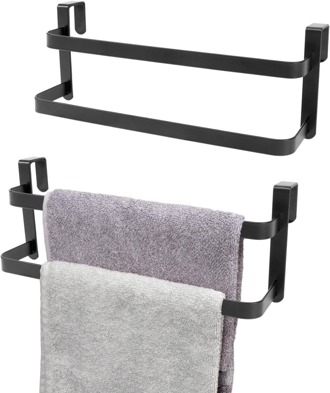 These have done well. Glad they came in a 2 pack, great value! Sturdy and I love that they hold 2 towels. I put one by my double oven and the other by the sink. Perfect! They do not interfere with the door closing at all as the hooks are thin enough. The metal is sturdy though so it won't snap off easily if one of the grandbabies pulls on it. The black metal looks nice as well.